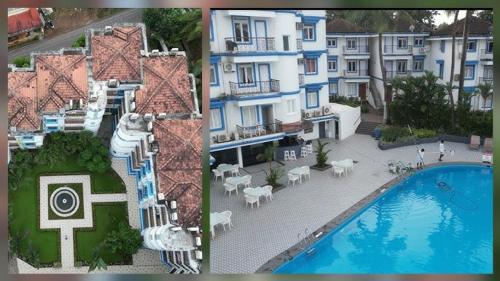 two pictures of a building and a swimming pool at The Beach comfort in Benaulim