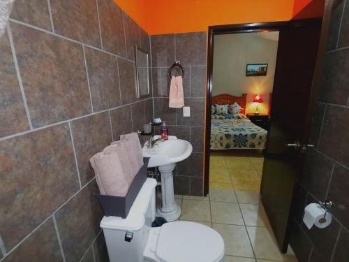 a bathroom with a sink and a toilet and a mirror at Casa VILLA CUERVO PARA 21 PERSONAS in Tequila