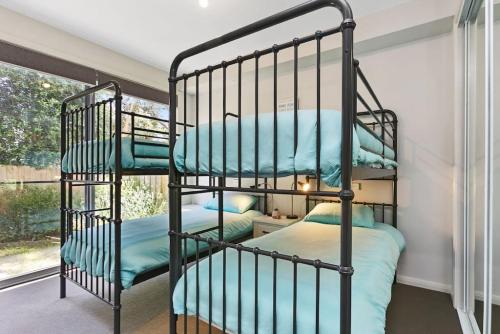 a bedroom with two bunk beds and a window at SEASIDE 7 - Steps from the beach in Apollo Bay