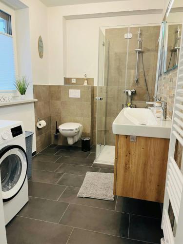a bathroom with a toilet and a sink and a washing machine at Klütz Semi-Detached House, 2 Double Beds, 2 Single Beds in Klütz