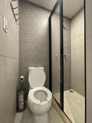 a bathroom with a toilet and a shower at Hostal La Isla in San Cristóbal de Las Casas