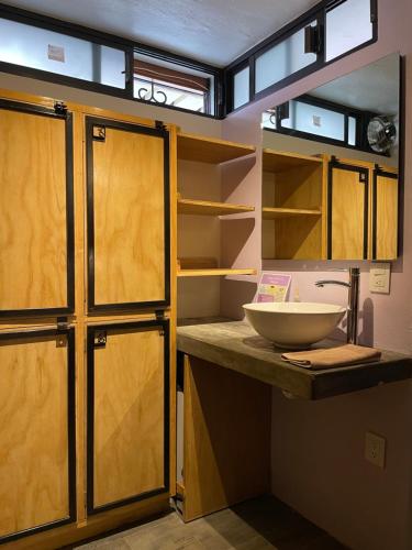 a kitchen with a sink and a bowl on a counter at Hostal La Isla in San Cristóbal de Las Casas