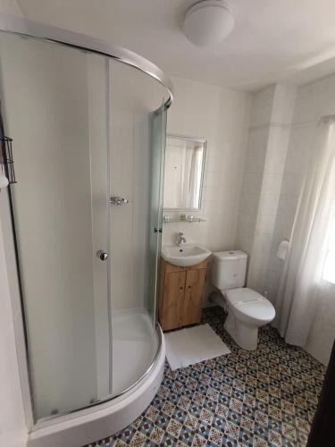 a bathroom with a shower and a toilet at Hotel Salamander - Garni in Banská Štiavnica