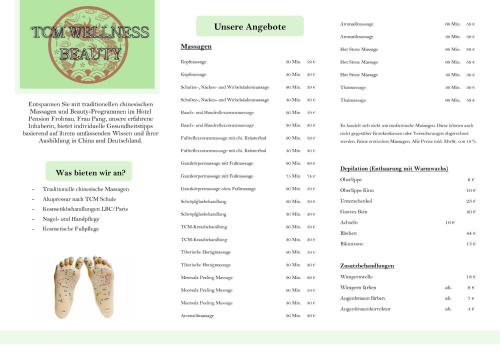 a page of a menu for a shoe store at Panorama Hotel Pension Frohnau in Bad Sachsa