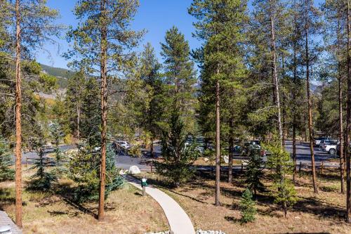 a path in a park with trees and a parking lot at Pines 2166 by Summit County Mountain Retreats in Keystone