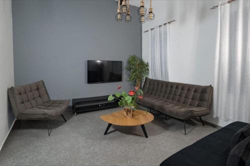 ティベリアにあるRoyal Suites Tiberiasのソファ2つとテレビのあるリビングルーム