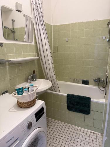 Un baño con lavabo y lavadora. en Stylish Apartment in the Heart of Hamburg, en Hamburgo