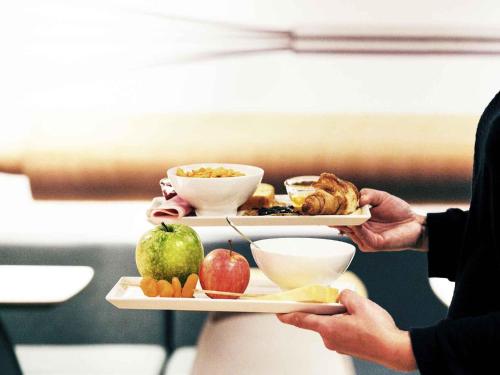 a person holding a tray with food on it at ibis Montpellier Centre Comedie in Montpellier