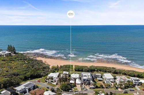 eine Luftaufnahme einer Gruppe von Kamelen und einem Strand in der Unterkunft Beachside Bungalow on Shelly Beach in Caloundra