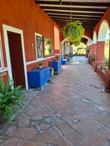 a courtyard of a building with blue tables and plants at Hacienda Santa Clara, Morelos, Tenango, Jantetelco in Jantetelco