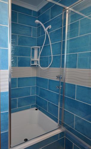 a blue tiled shower with a shower head in a bathroom at Ceduna Shelly Beach Caravan Park in Ceduna