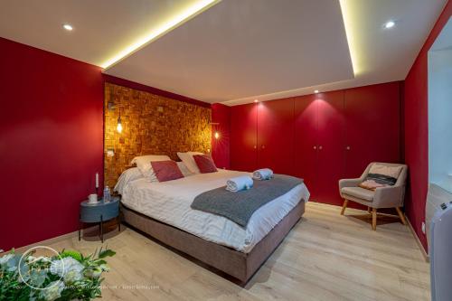 a bedroom with red walls and a bed and a chair at Apartment & Spa L'Oasis Urbaine in Chambéry
