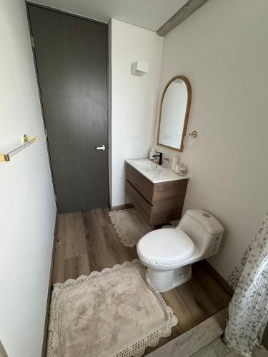 łazienka z toaletą, umywalką i lustrem w obiekcie Mutuo 109 w mieście Tijuana