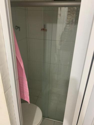 a bathroom with a shower with a toilet and a pink towel at Pousadinha Mel - Centro de Convenções in Salvador