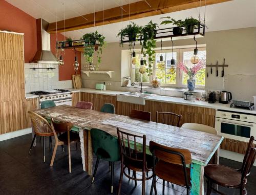 a kitchen with a large wooden table and chairs at Groepsverblijf Het Bonte Paard in Dwingeloo