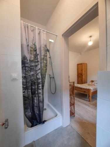 a bathroom with a shower with a shower curtain at Dom Jogi Studzieniec in Studzieniec