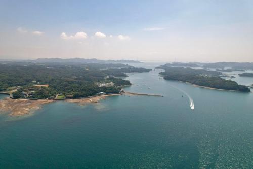 an aerial view of a river with a boat in it at 民泊道場 in Kami Amakusa