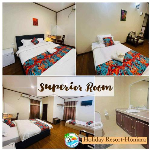 two pictures of a hotel room with two beds at Holiday Resort-Honiara in Honiara