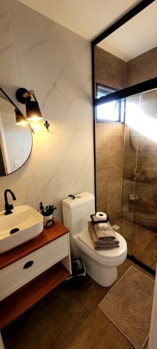 a bathroom with a toilet and a sink and a shower at Pousada Ecoblue Container in Palhoça