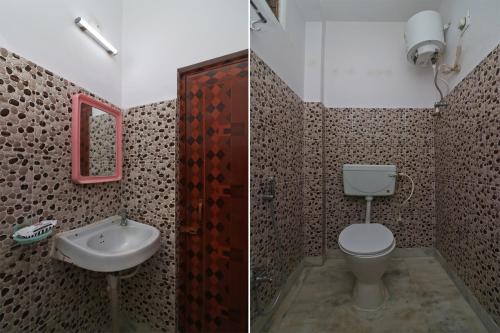 two pictures of a bathroom with a toilet and a sink at Hotel O Sunrise in Port Blair