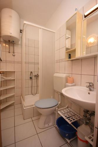 a bathroom with a toilet and a sink and a shower at Apartments by the sea Podgora, Makarska - 2615 in Podgora