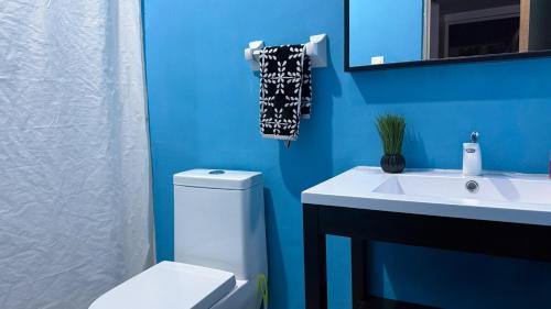 CedroにあるCasa Canelaの青色のバスルーム(白いトイレ、シンク付)