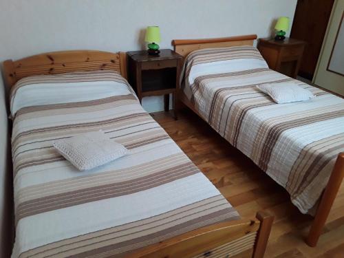 two twin beds in a room with two night stands at Évasion en Berry: Maison proche Voie Verte, Château et Nature - idéal familles et pêcheurs - FR-1-591-55 in Chabenet