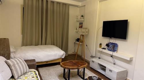 a living room with a bed and a tv at RAFiF Pyramids View Hotel in Cairo