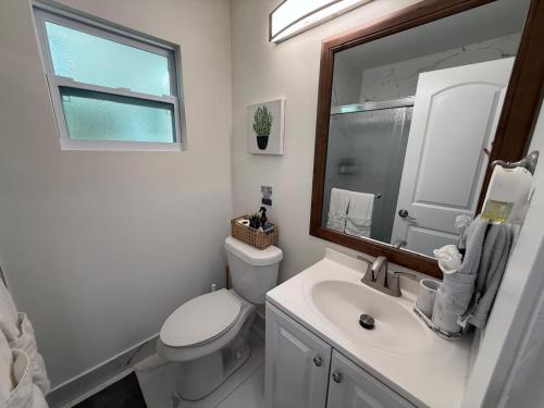 a bathroom with a toilet and a sink and a mirror at Osprey Coastal Retreat Near Siesta Key in Osprey