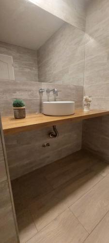 a bathroom with a sink on a wooden counter at Casa de Flia in Villa Gesell