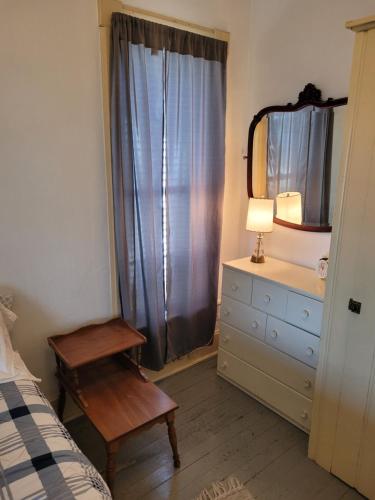 a bedroom with a bed and a dresser and a mirror at Lil's On The Lake Vintage Cottage On Crystal Lake in Beulah