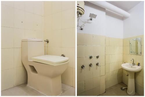 two pictures of a bathroom with a toilet and a sink at Hotel O Gold Stayz in Ballabgarh