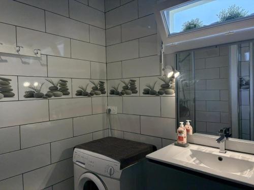 a bathroom with a washing machine and a sink at Maison calme à Bransat, climatisée et avec jardin pour 6 personnes - FR-1-489-588 in Bransat