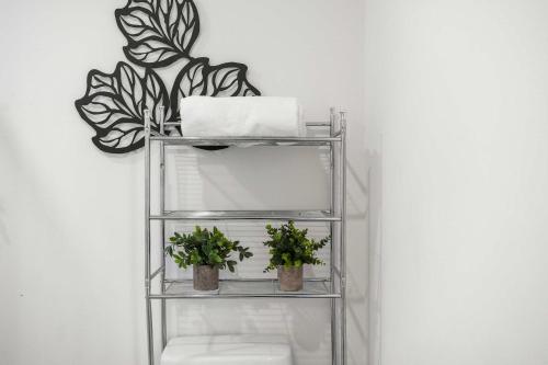 a shelf with two plants and a laptop on it at CozySuites Charming 1BR in Downtown Pitts #10 in Pittsburgh