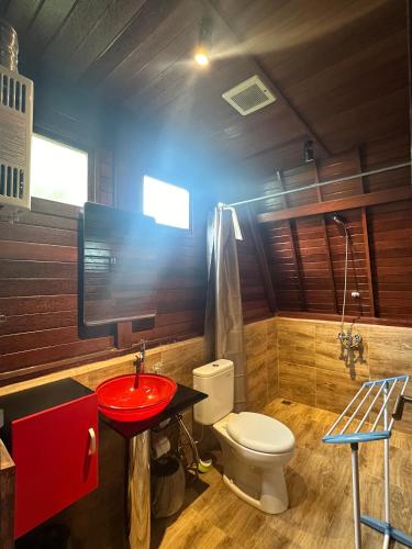 a bathroom with a toilet and a red sink at Mountain View Eco Lodge in Kubupenlokan