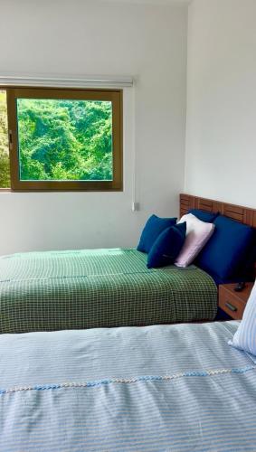 a bedroom with two beds and a window at Hotel Monkey House Tuxtla Gutiérrez in Tuxtla Gutiérrez