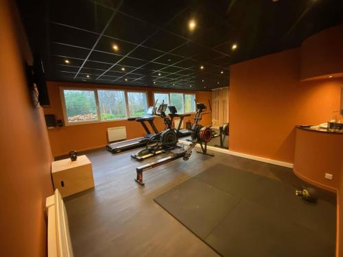 a room with a gym with a treadmill and a elliptical machine at Mercure Lille Marcq en Baroeul in Marcq-en-Baroeul