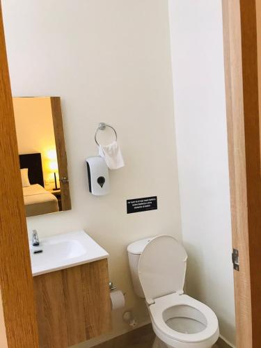 a bathroom with a toilet and a sink and a mirror at Hotel,Medellin,Opera,Entertaiment,Only adults,Turismocolombia-fit in Medellín