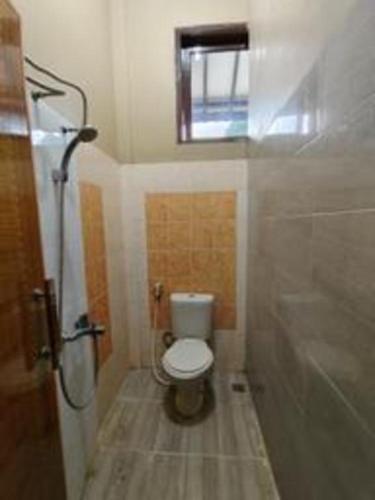 a small bathroom with a toilet and a shower at Sapadia Hotel Parapat in Parapat