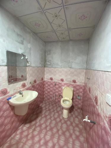 a pink bathroom with a sink and a toilet at Villa Ceylonra in Tangalle