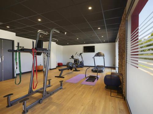 a gym with treadmills and ellipticals in a room at ibis Archamps Porte de Genève in Archamps