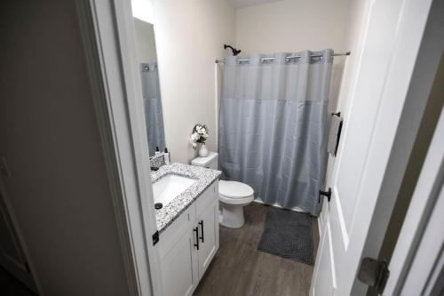 a bathroom with a sink and a toilet and a shower at 4 Min to Downtown - 10 Min to Elon - Washer and Dryer in Burlington