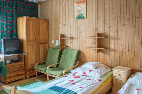 ムシャナ・ドルナにあるOśrodek wypoczynkowy "Jak u Mamy"のベッドルーム1室(ベッド1台、椅子2脚、テレビ付)