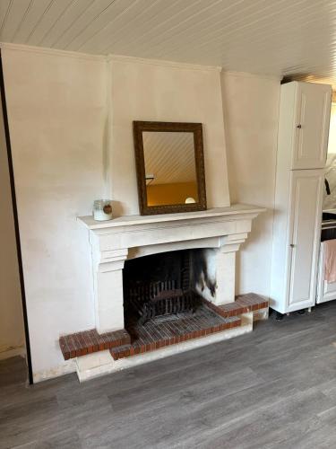 a fireplace with a mirror on top of it at Le petit meslier in Jaucourt