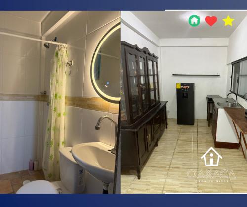 2 zdjęcia łazienki z umywalką i toaletą w obiekcie Casa Yunissa w mieście Oaxaca