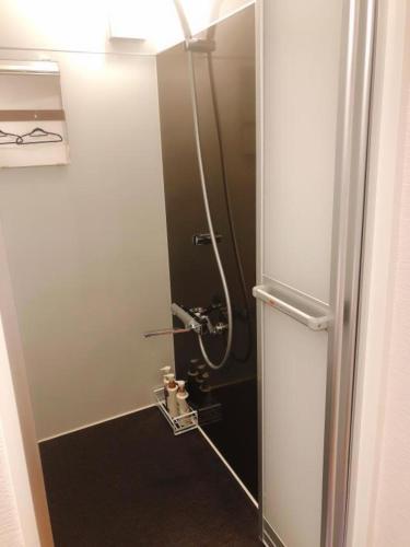 a bathroom with a shower with a sink and a door at 冠京ホテル in Tokyo