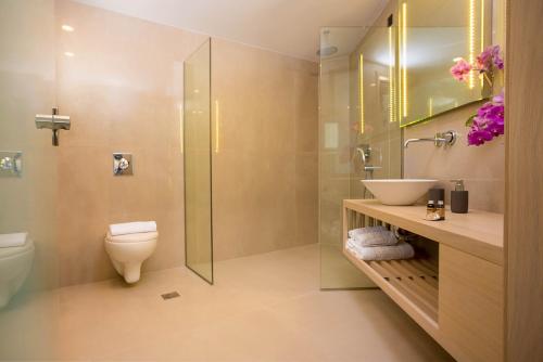 a bathroom with a toilet and a sink and a shower at Oscar Suites & Village in Agia Marina Nea Kydonias