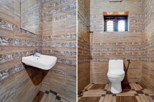 two pictures of a bathroom with a toilet and a sink at Hotel O Kazhakuttam Railway Station Formerly Graceful Stay in Trivandrum