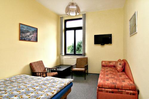 a hotel room with a bed and a couch and a desk at Penzion Muflon in Bělá nad Radbuzou