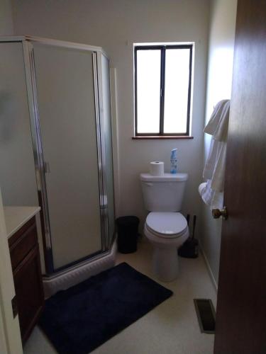 a bathroom with a toilet and a shower and a window at Starlink Mariposa Yosemite mountain retreat in Mariposa